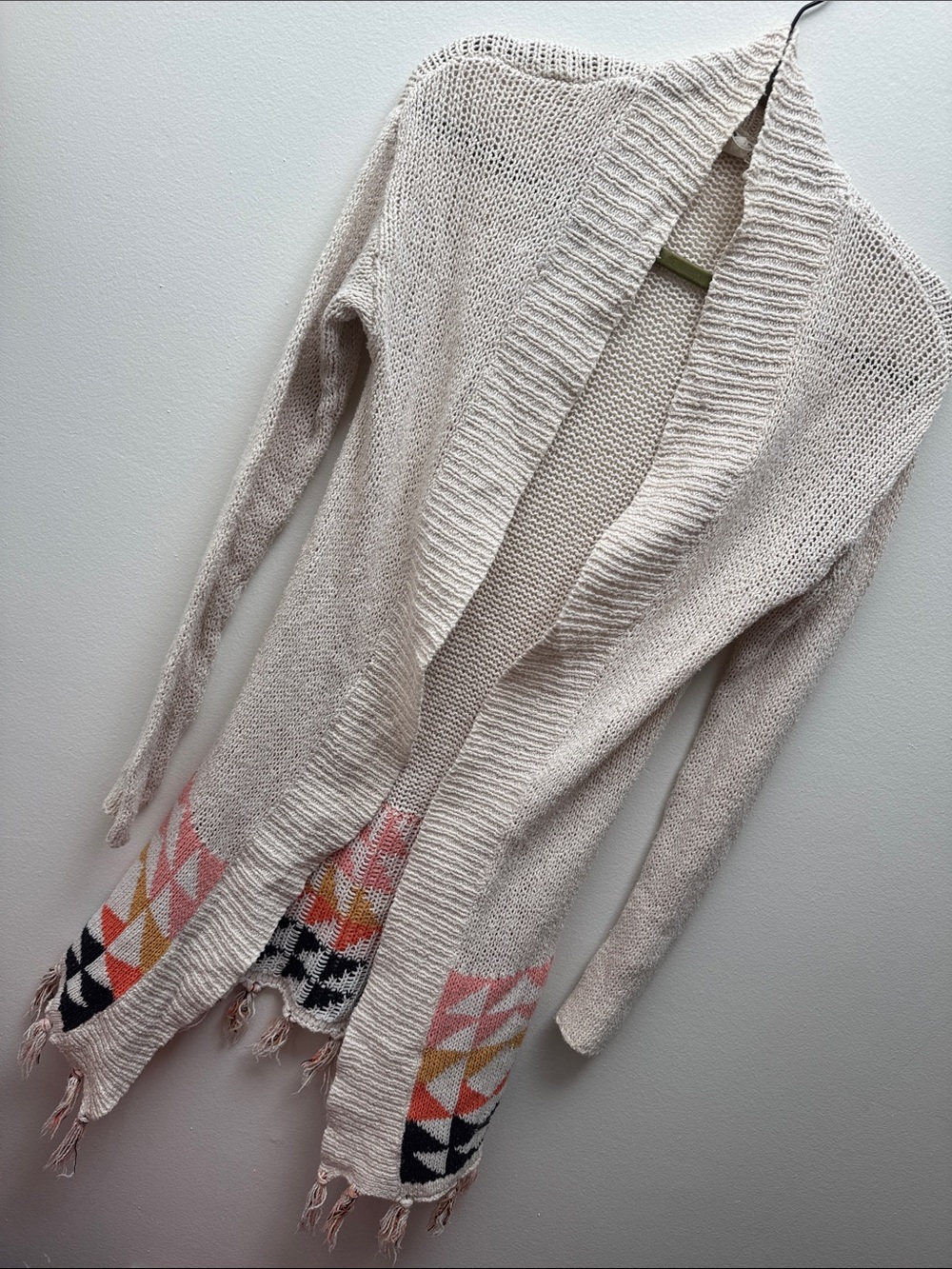 Roxy Geometric Longline Colorful Knit Cardigan Sz S Fringe Boho Surf Beachy